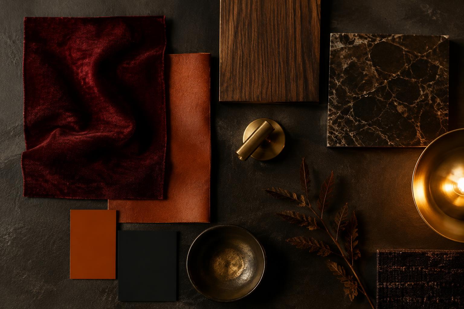 Ember Lounge mood board: fabric, wood, stone and paint samples
