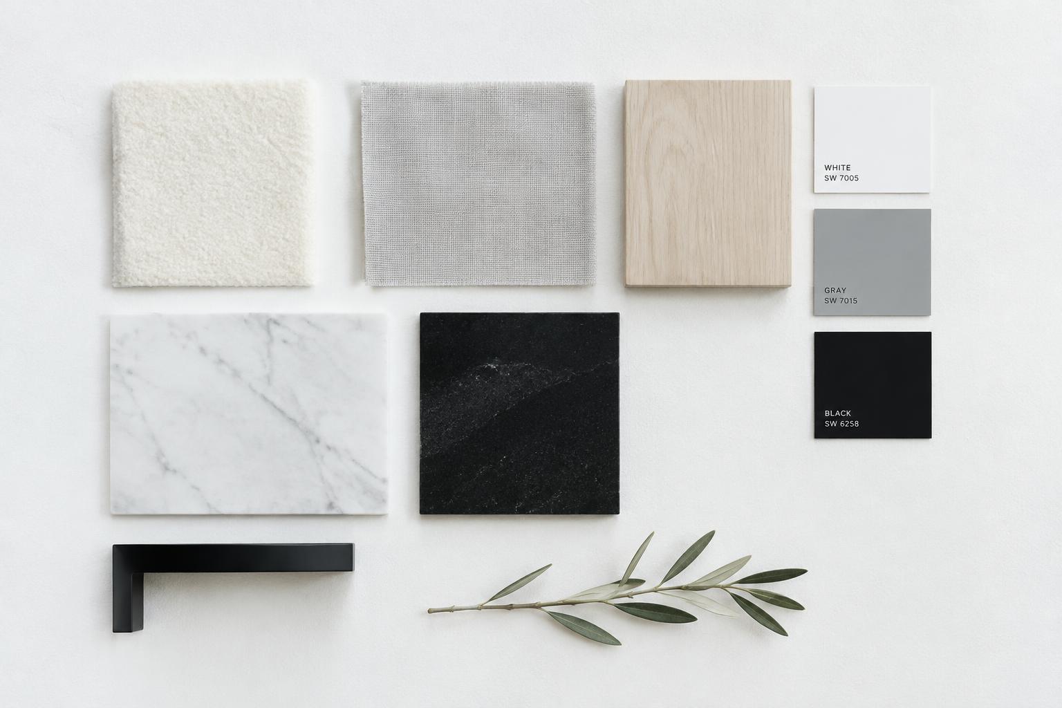 Gallery Hall mood board: fabric, wood, stone and paint samples