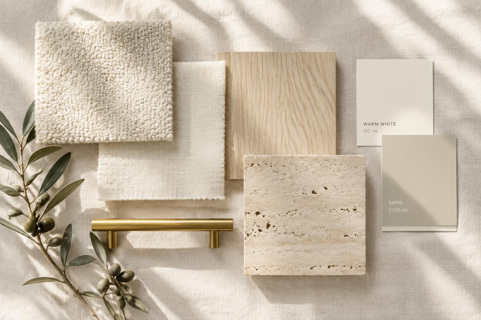The Light House mood board: fabric, wood, stone and paint samples